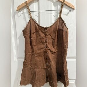 At Last Mocha Mousse Brown Buttoned Peplum Camisole Lace Straps Y2K Style